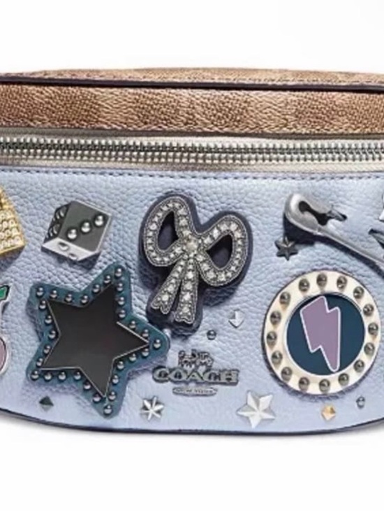 Coach Handbags - Coach Light Blue & Rose Gold Embellished Leather Belt Bag